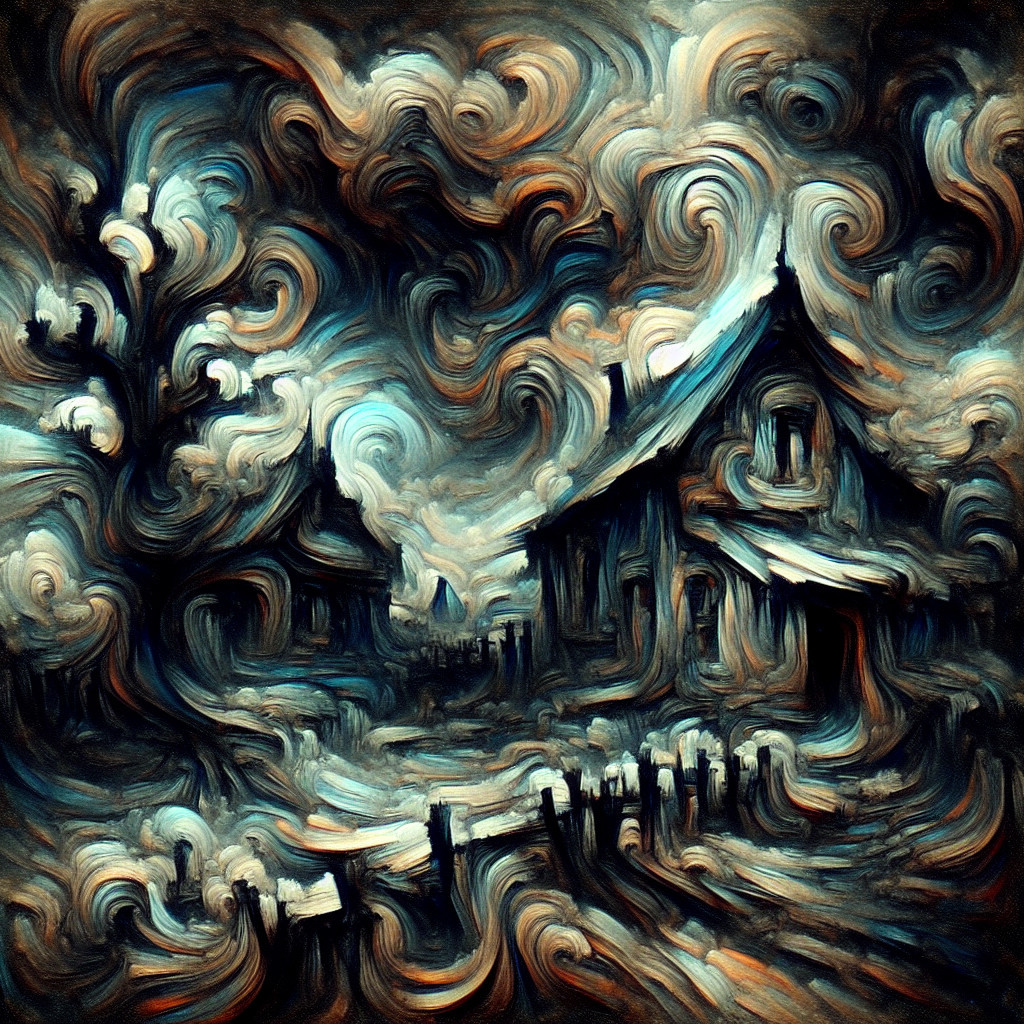 Stylized painting of a dilapidated village scene