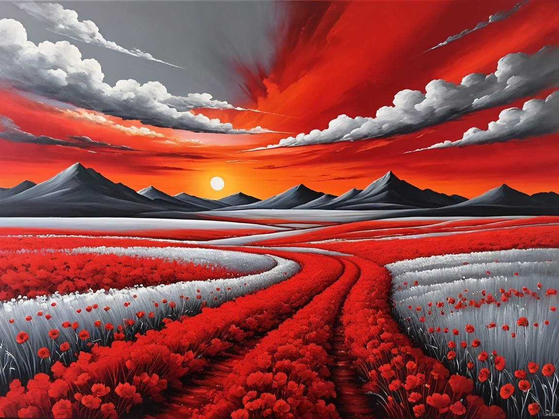 Landscape Painting of Poppy Fields and Mountains