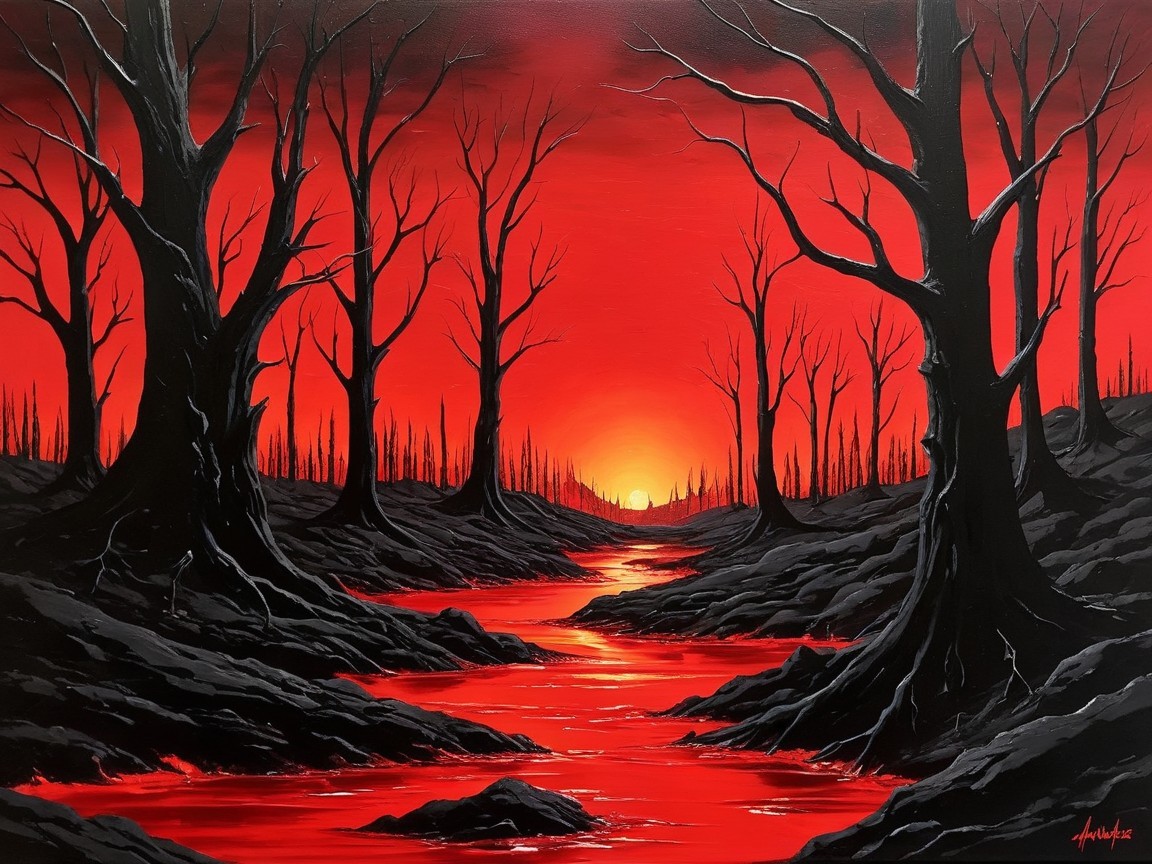 Dramatic Sunset Over a Desolate Forest Landscape