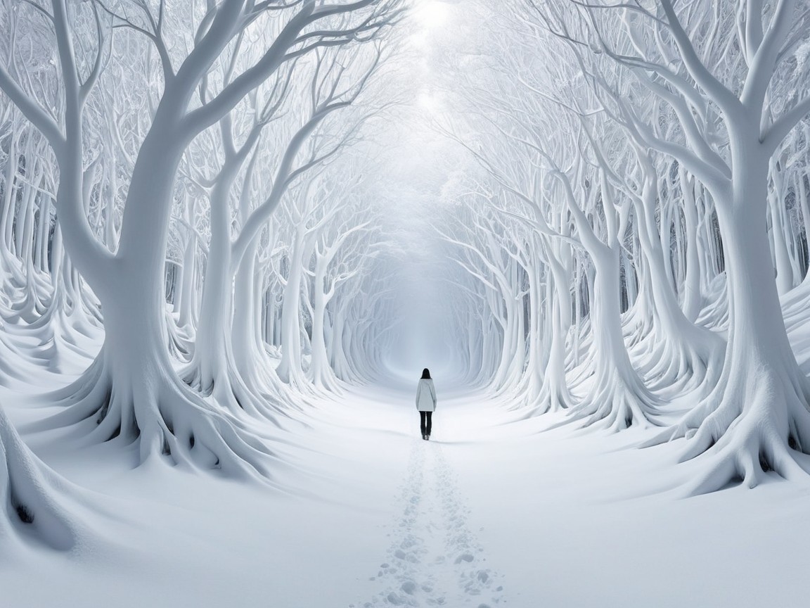 Lone Figure Walking in a Snowy Magical Forest