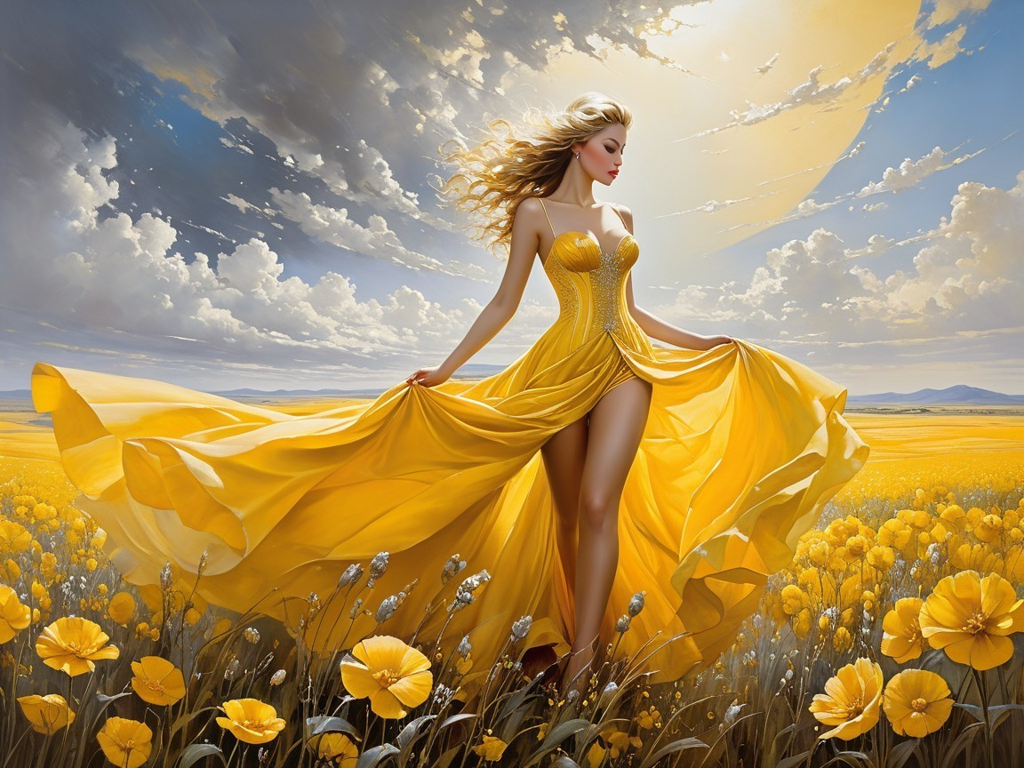 Woman in Yellow Dress Dancing in Flower Field