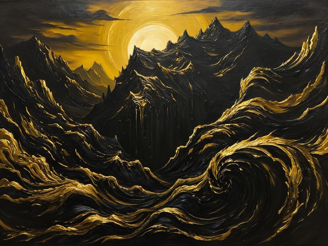 Dramatic Landscape of Dark Mountains and Golden Sun