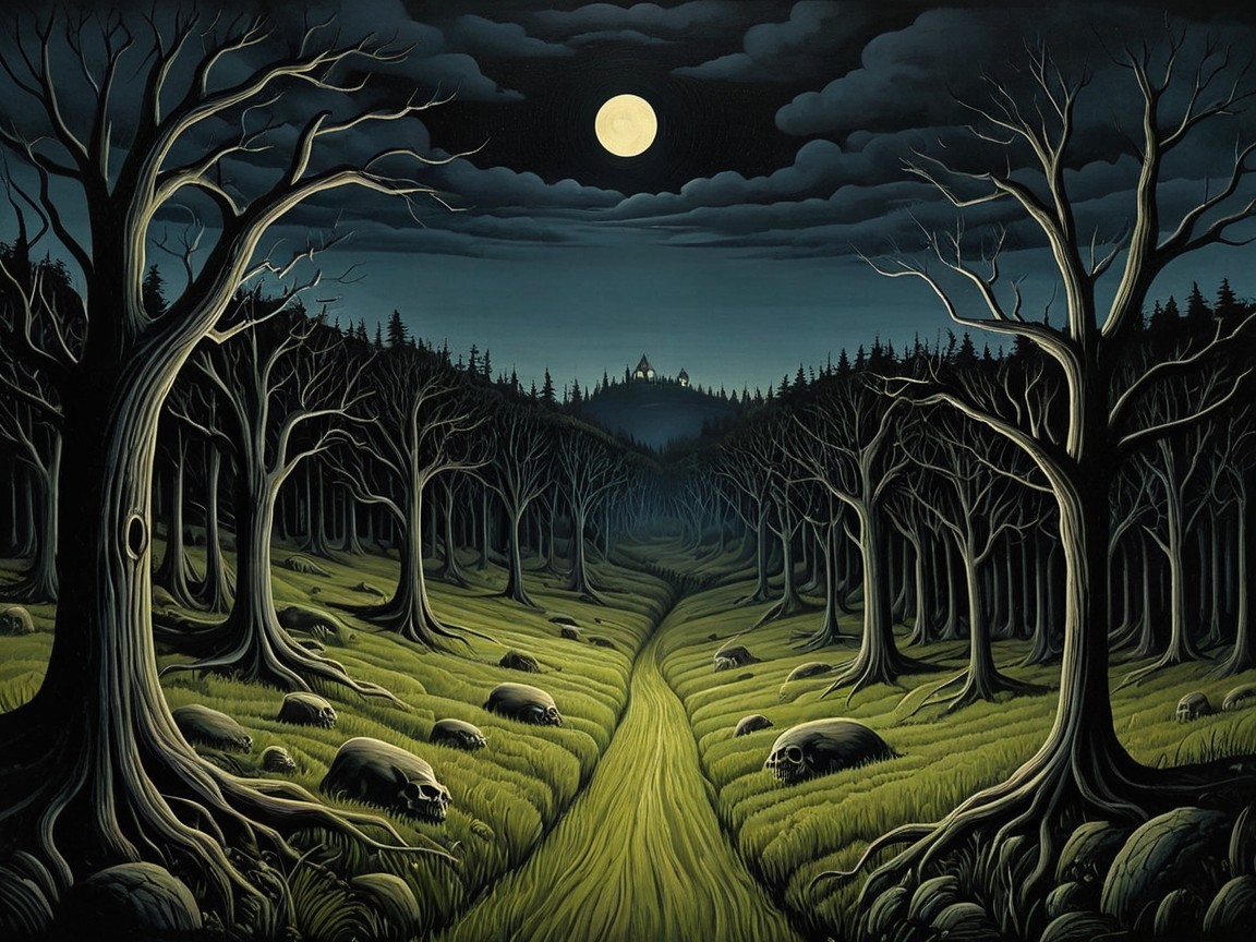 Eerie Forest Scene Under Full Moon with Skulls