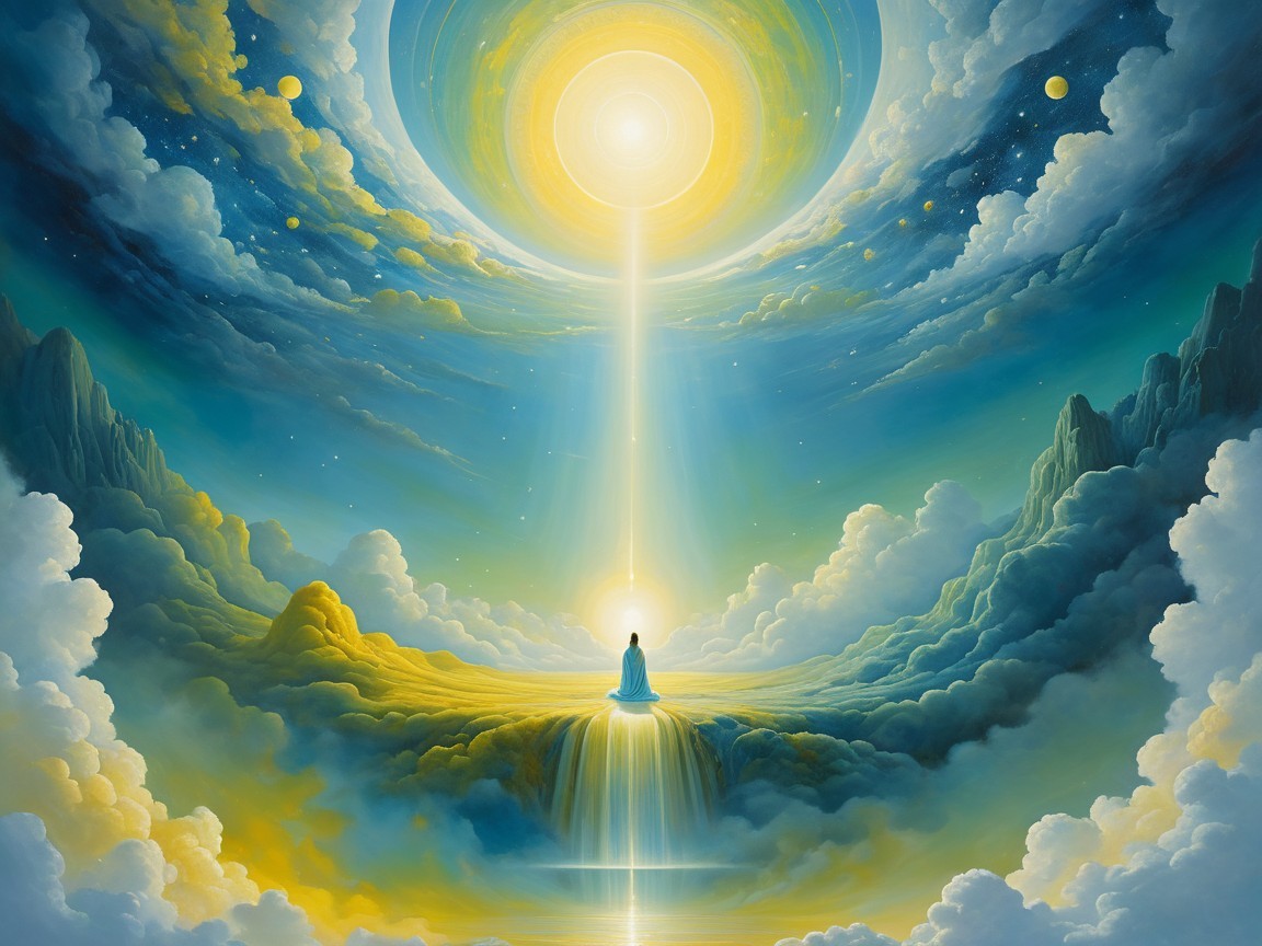 Serene figure at a radiant waterfall under divine light