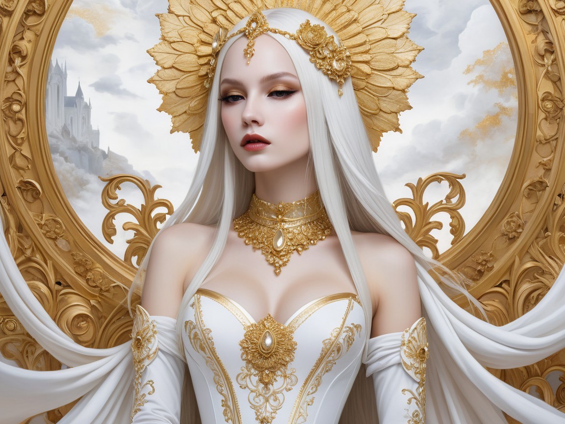 Regal figure in gold and white gown with castle backdrop