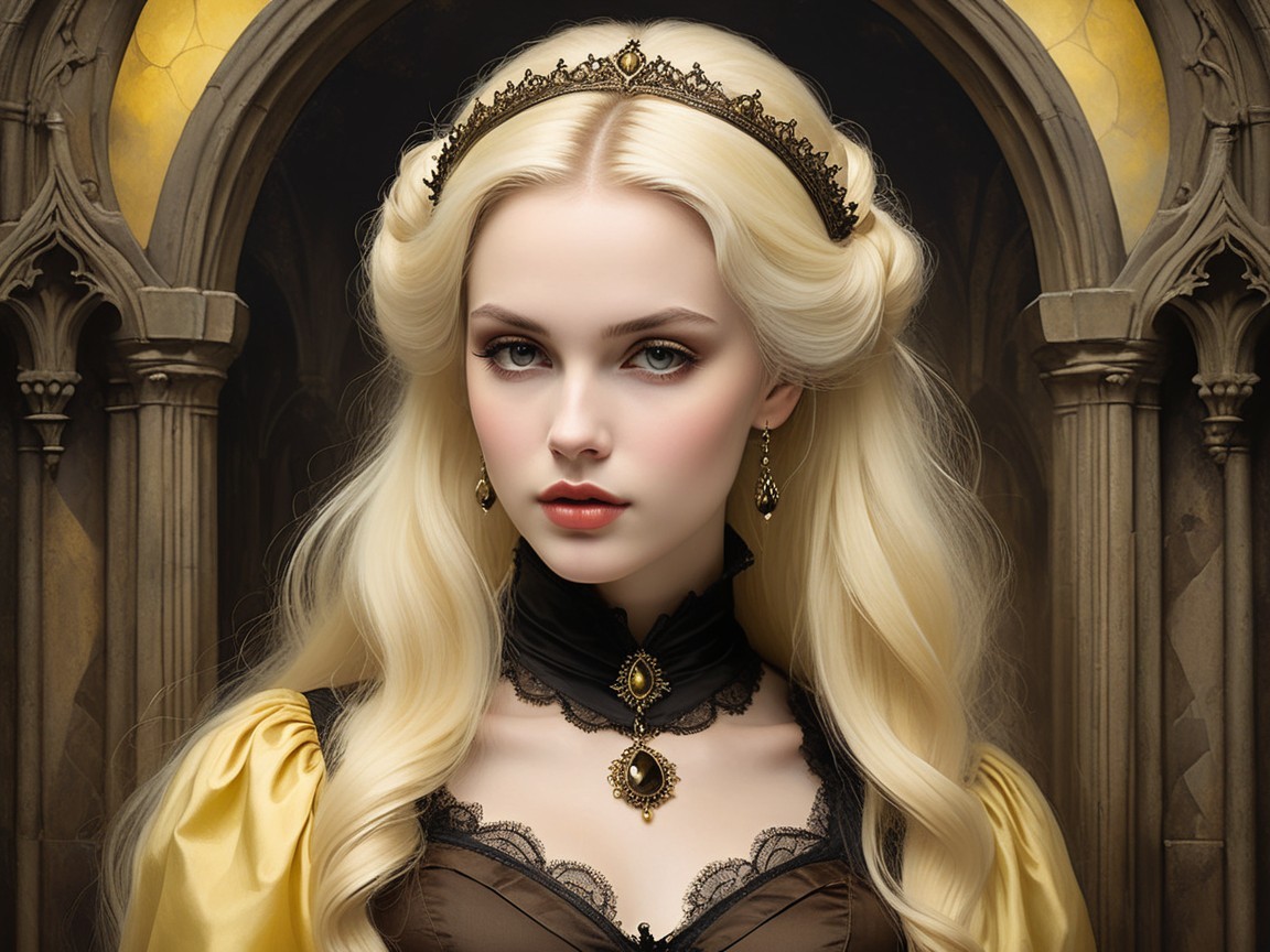 Elegant Woman in Vintage Gown with Gothic Background