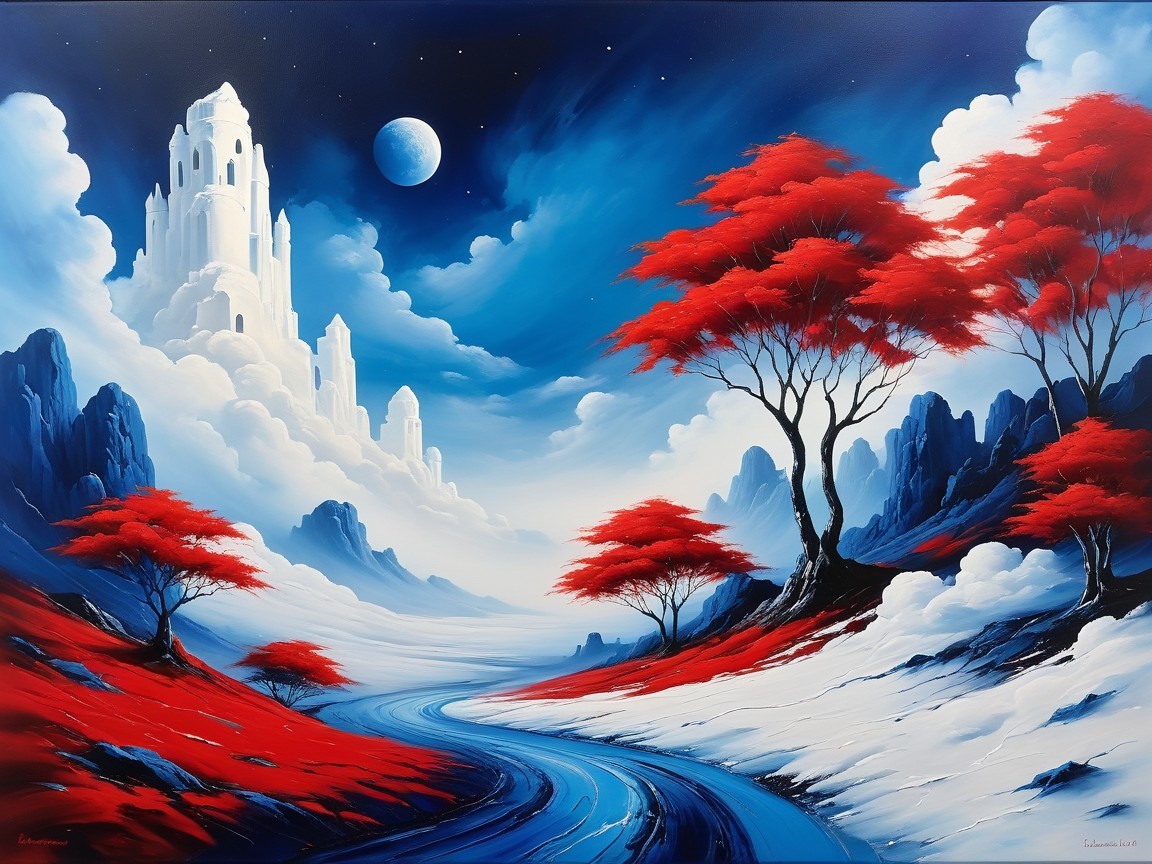 Surreal Landscape with River, Mountains, and Castle
