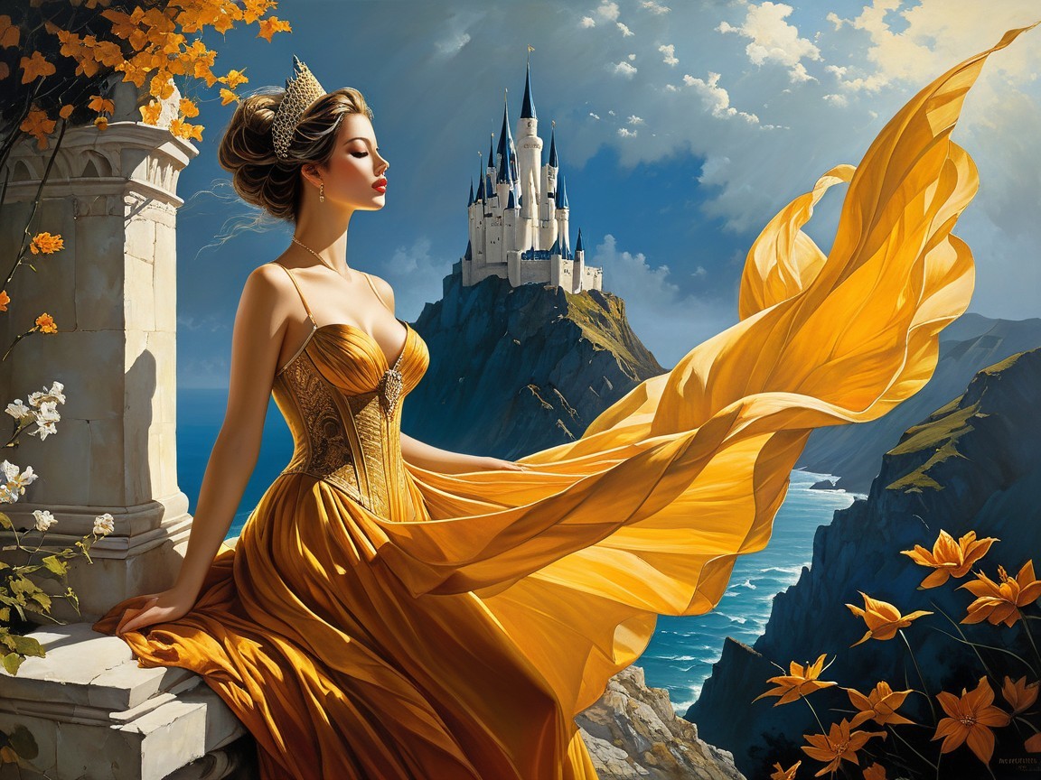 Graceful Woman in Golden Gown on Cliffside with Castle