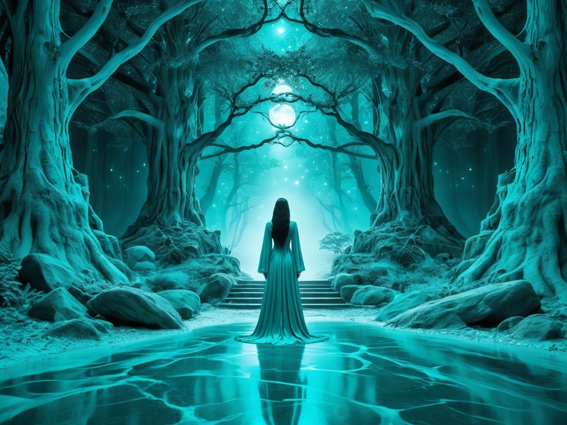 Ethereal Forest Scene with Woman by Reflective Pool