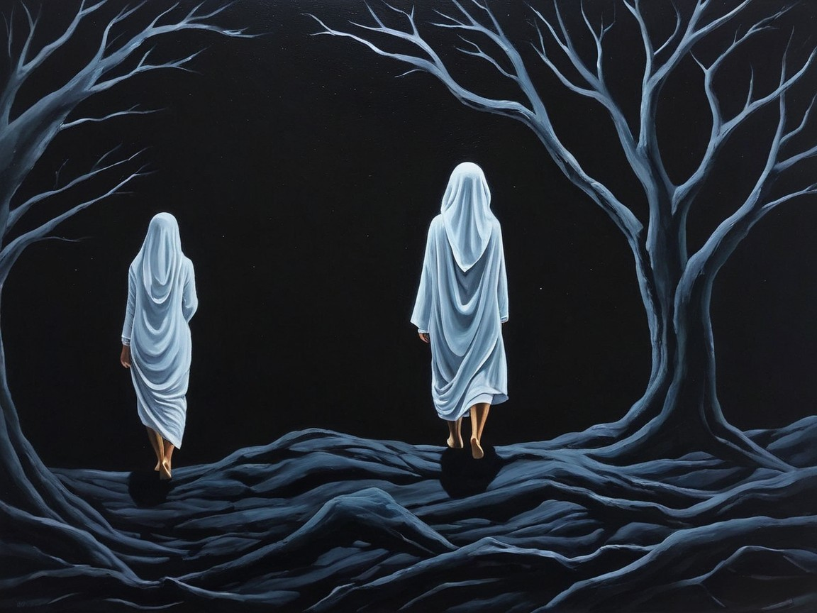 Figures in White Garments in a Dark Landscape