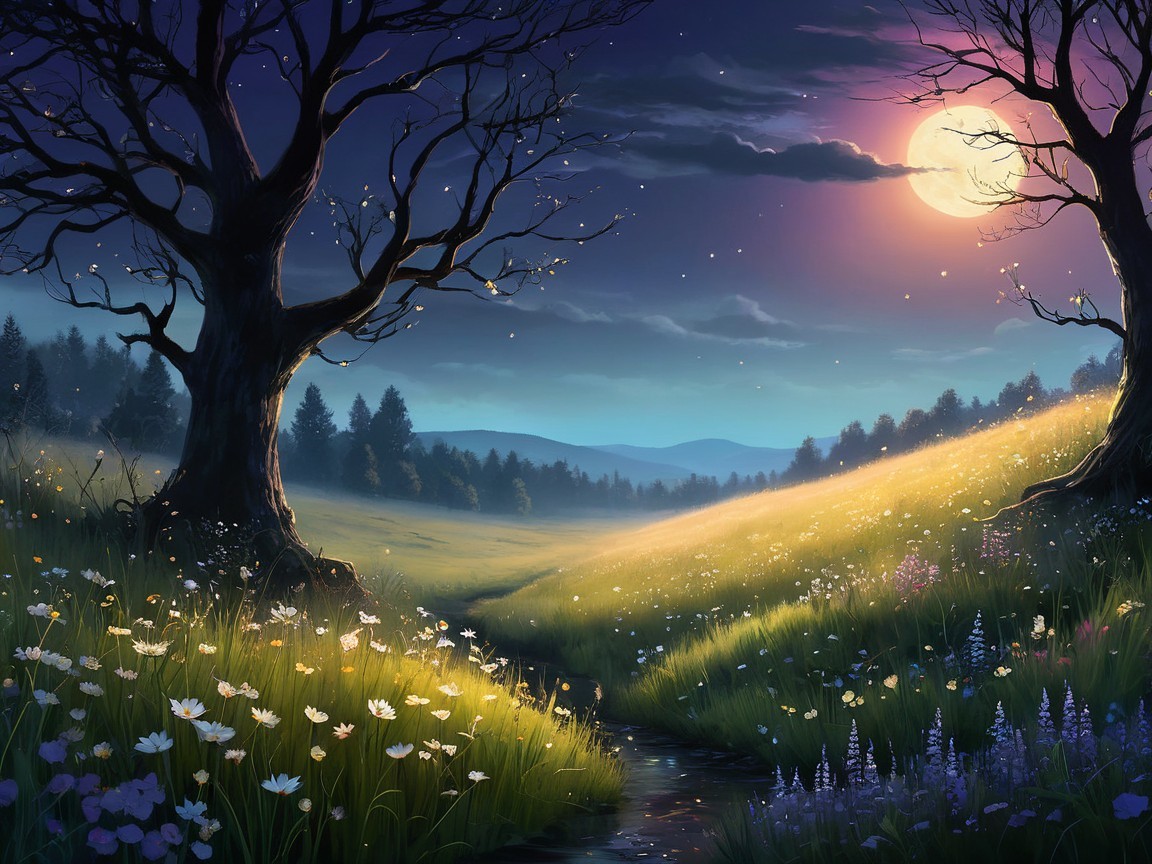 Serene Night Landscape with Full Moon and Meadow