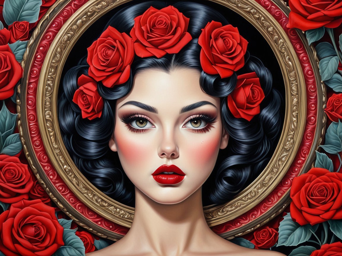 Portrait of a woman with black curls and red roses