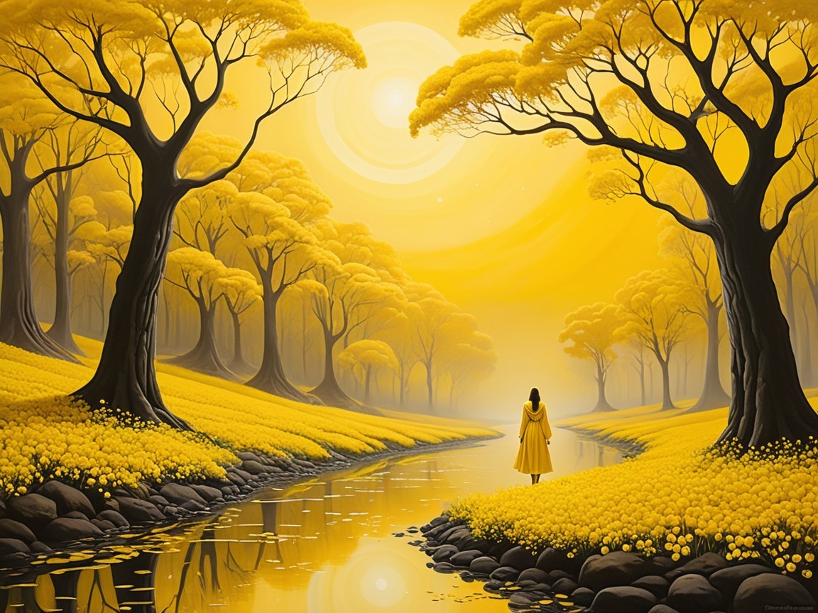 Serene landscape with woman by tranquil stream