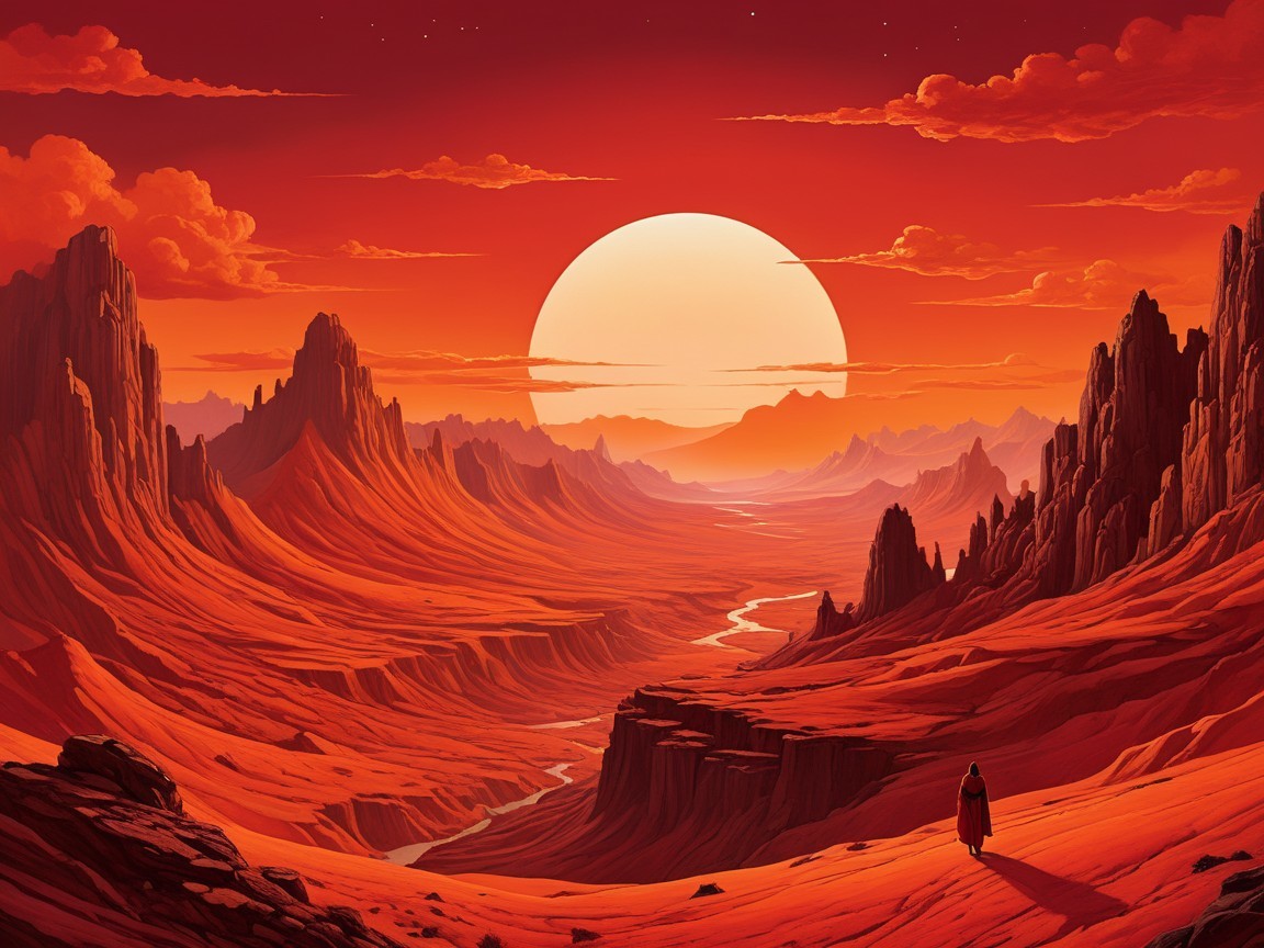 Otherworldly Landscape with Red Hues and Sunset