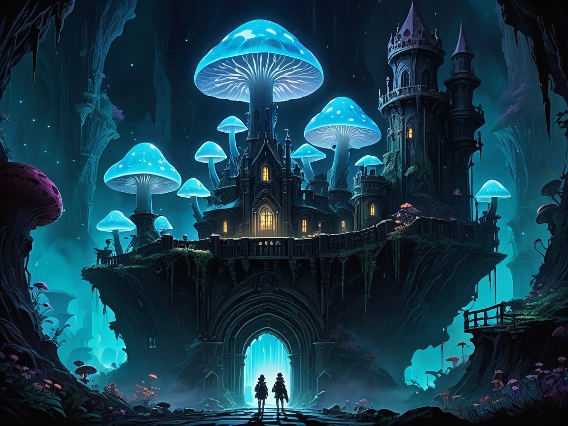 Mystical forest with glowing castle and vibrant flora