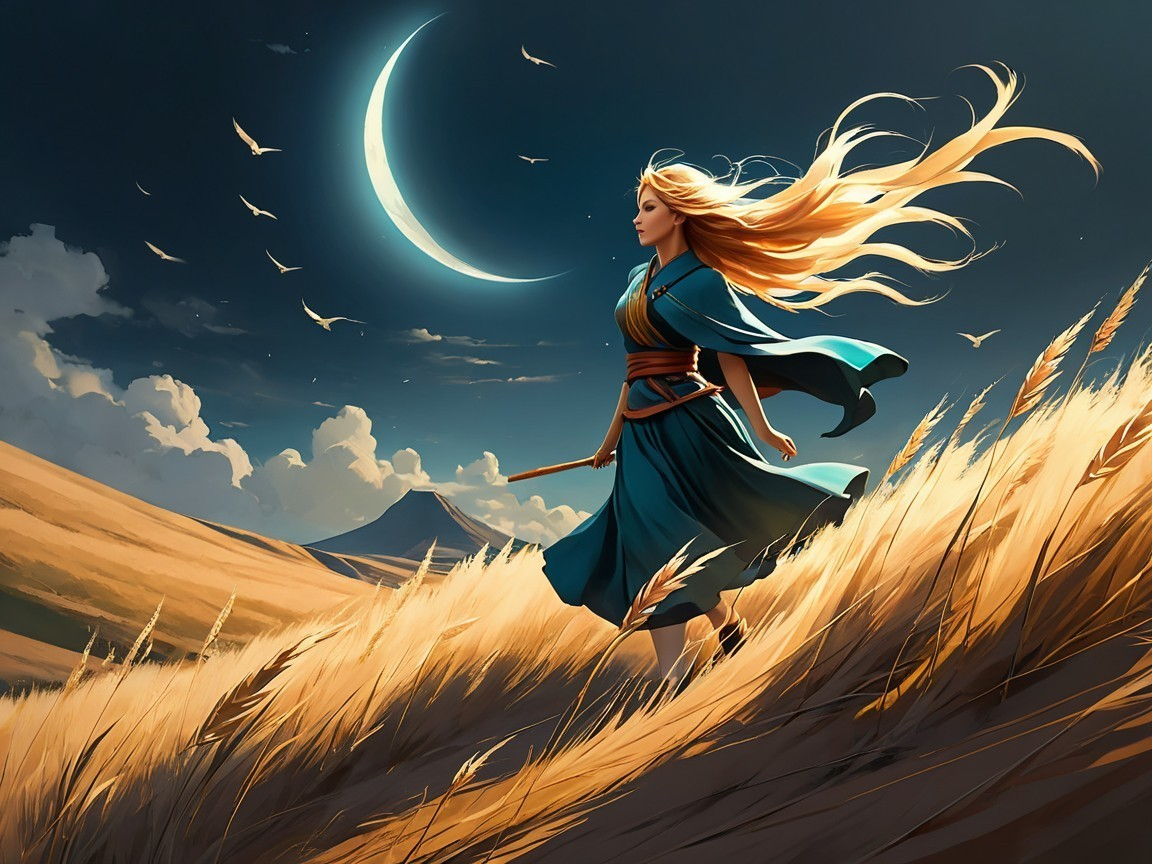 Serene landscape with woman in wheat field at night