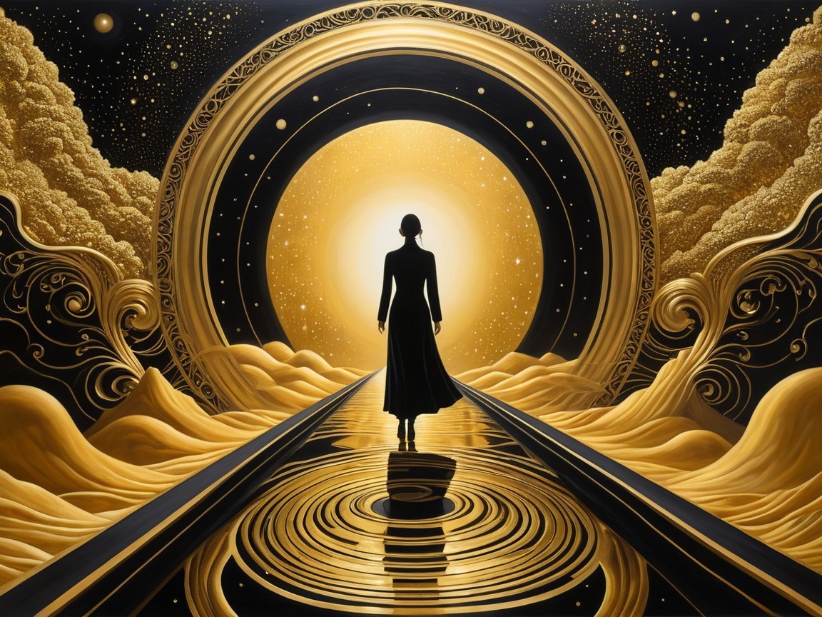 Silhouette on Golden Path with Radiant Portal