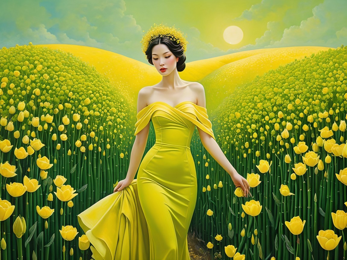 Serene landscape with yellow tulips and graceful woman