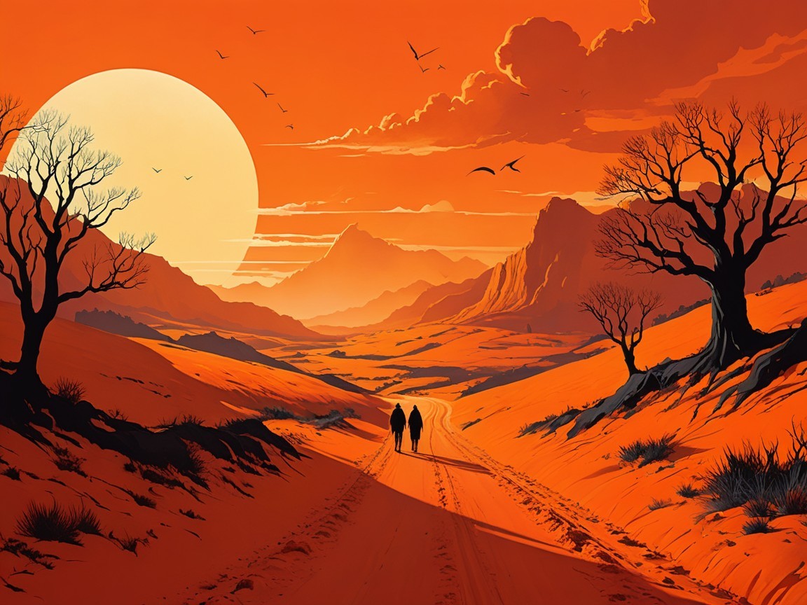 Desert Landscape with Sunset and Silhouetted Figures