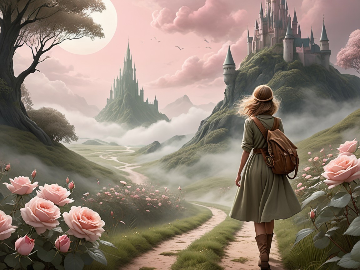 Young woman walking on a path near a castle and roses