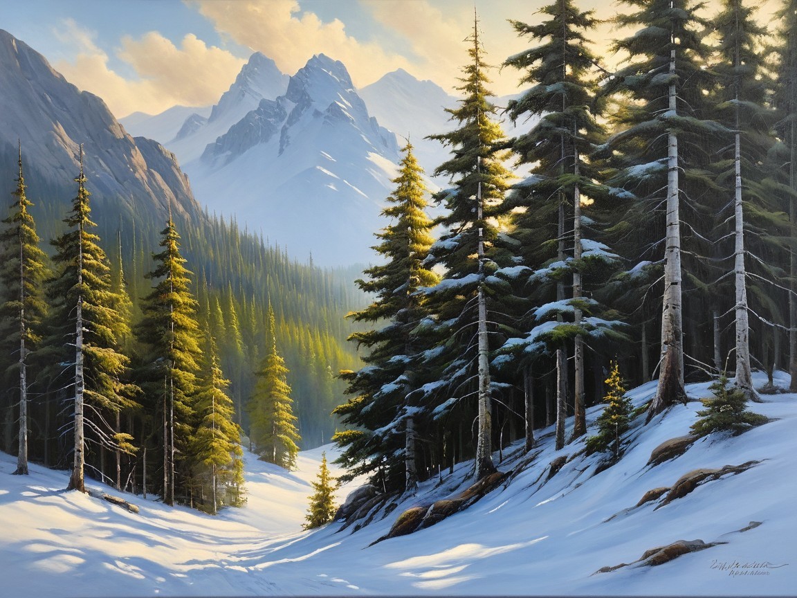 Serene Winter Landscape with Snow-Capped Mountains
