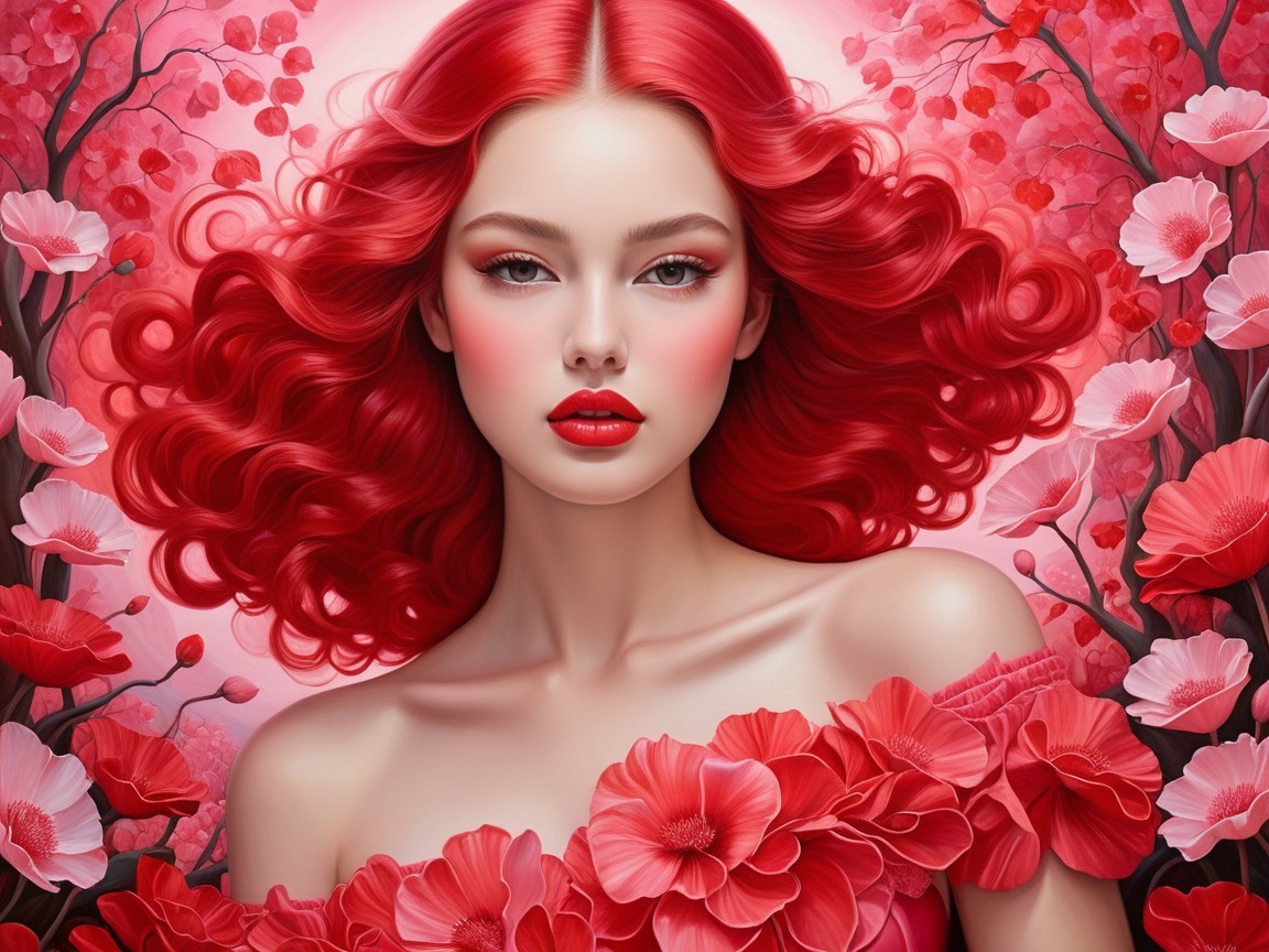 Portrait of a woman with red hair amid pink flowers