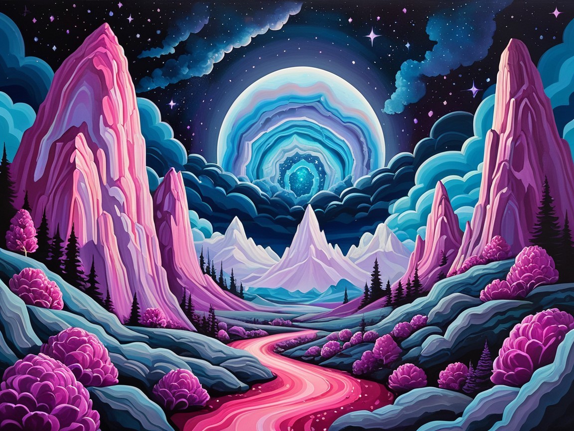 Vibrant landscape with pink mountains and colorful sky