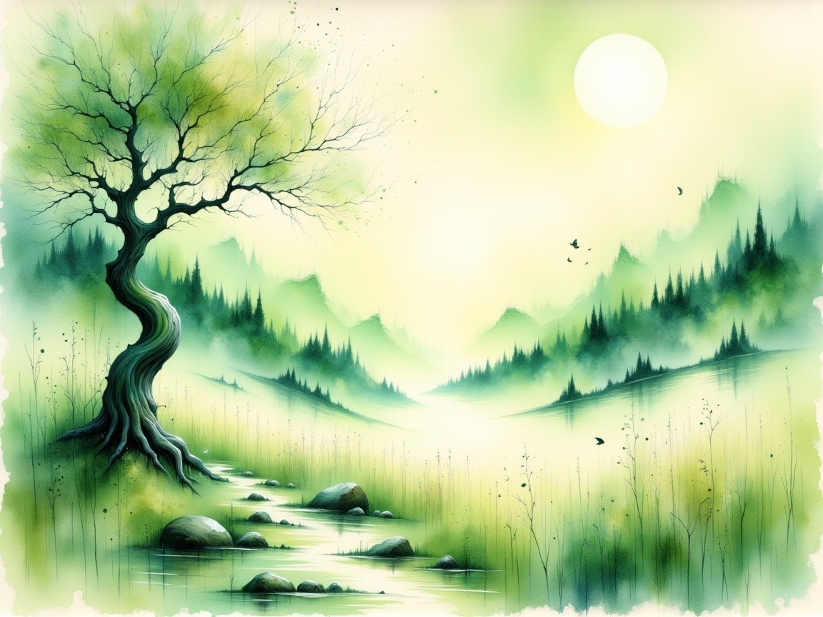 Tranquil Landscape with Leafless Tree and Stream