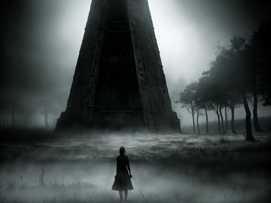 Solitary Figure in Foggy Landscape with Ominous Structure