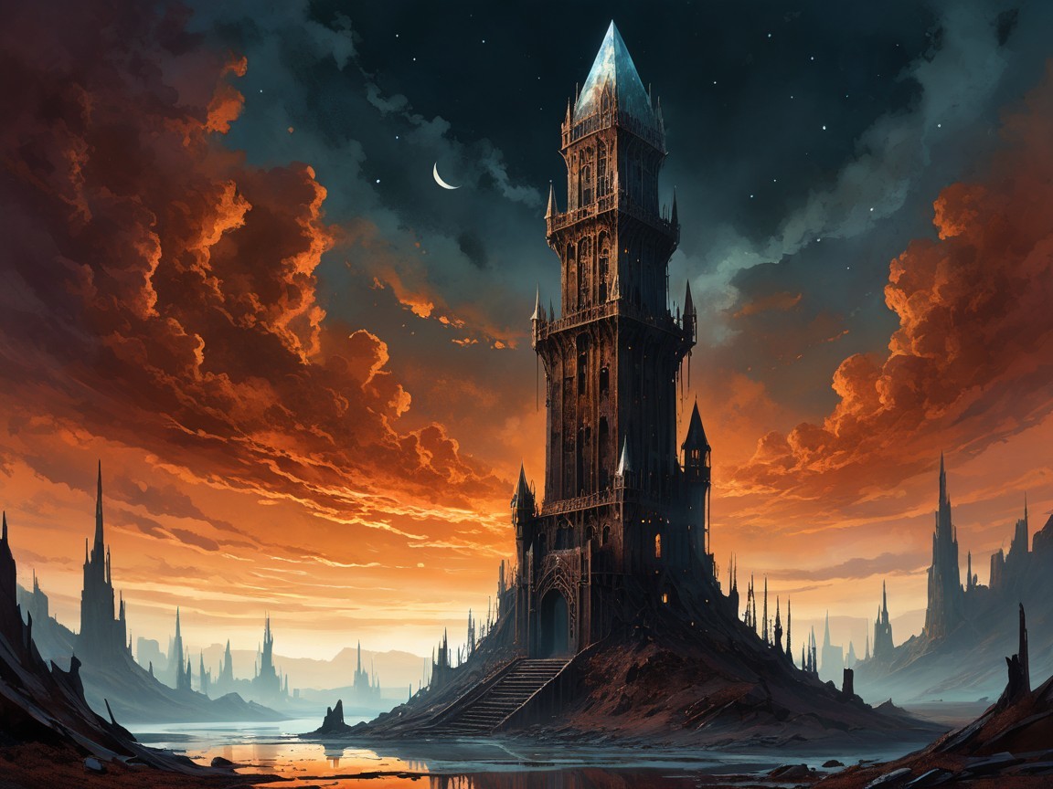 Gothic Castle Spire at Sunset with Dramatic Sky