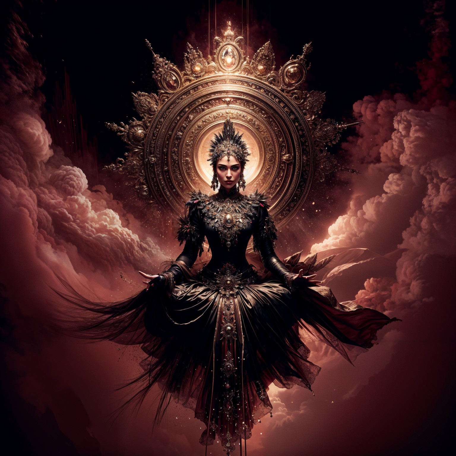 Regal Figure in Intricate Dark Attire with Clouds
