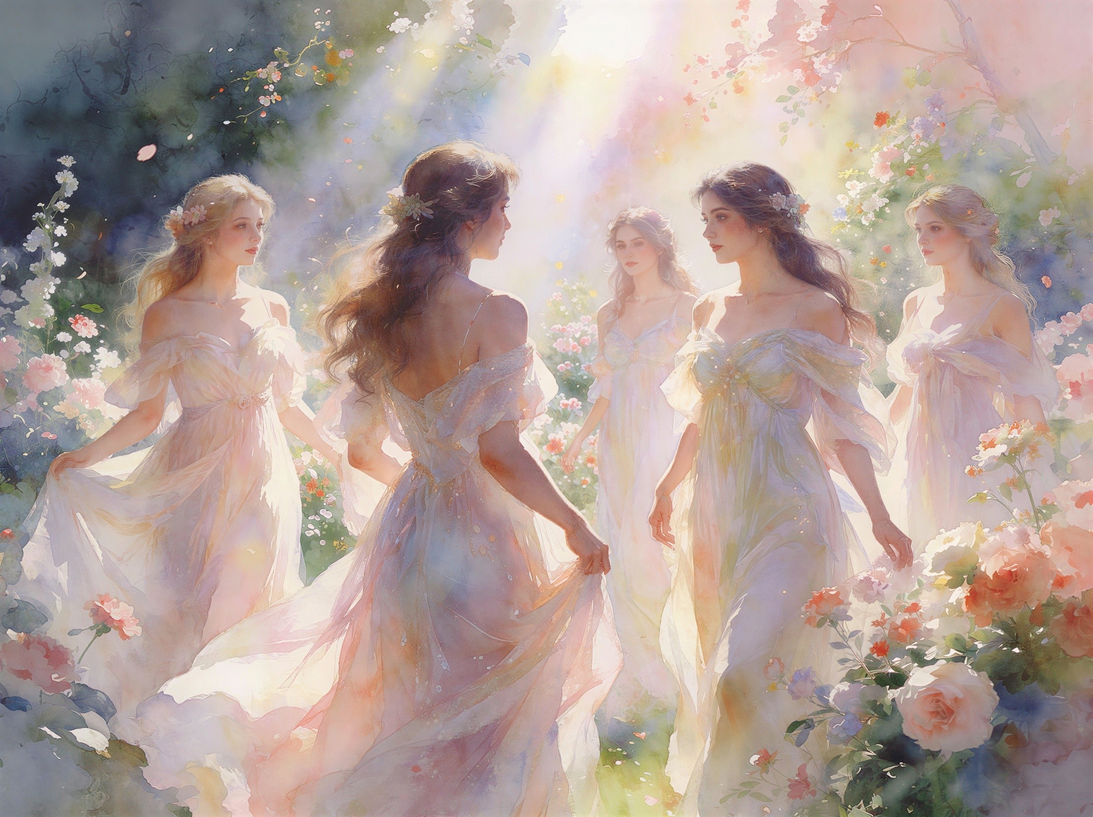 Watercolor Painting of Women in a Floral Garden