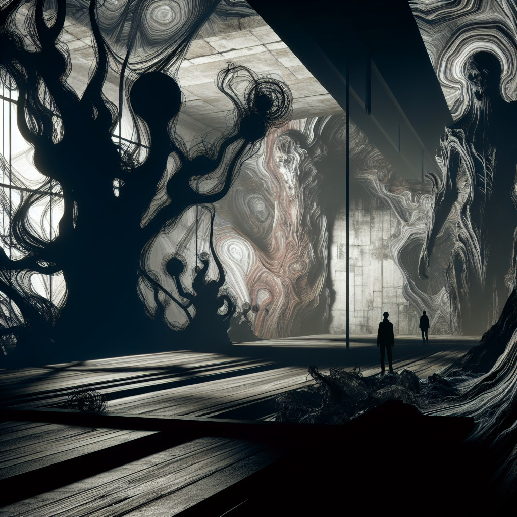 Surreal Scene with Abstract Structures and Eerie Lighting