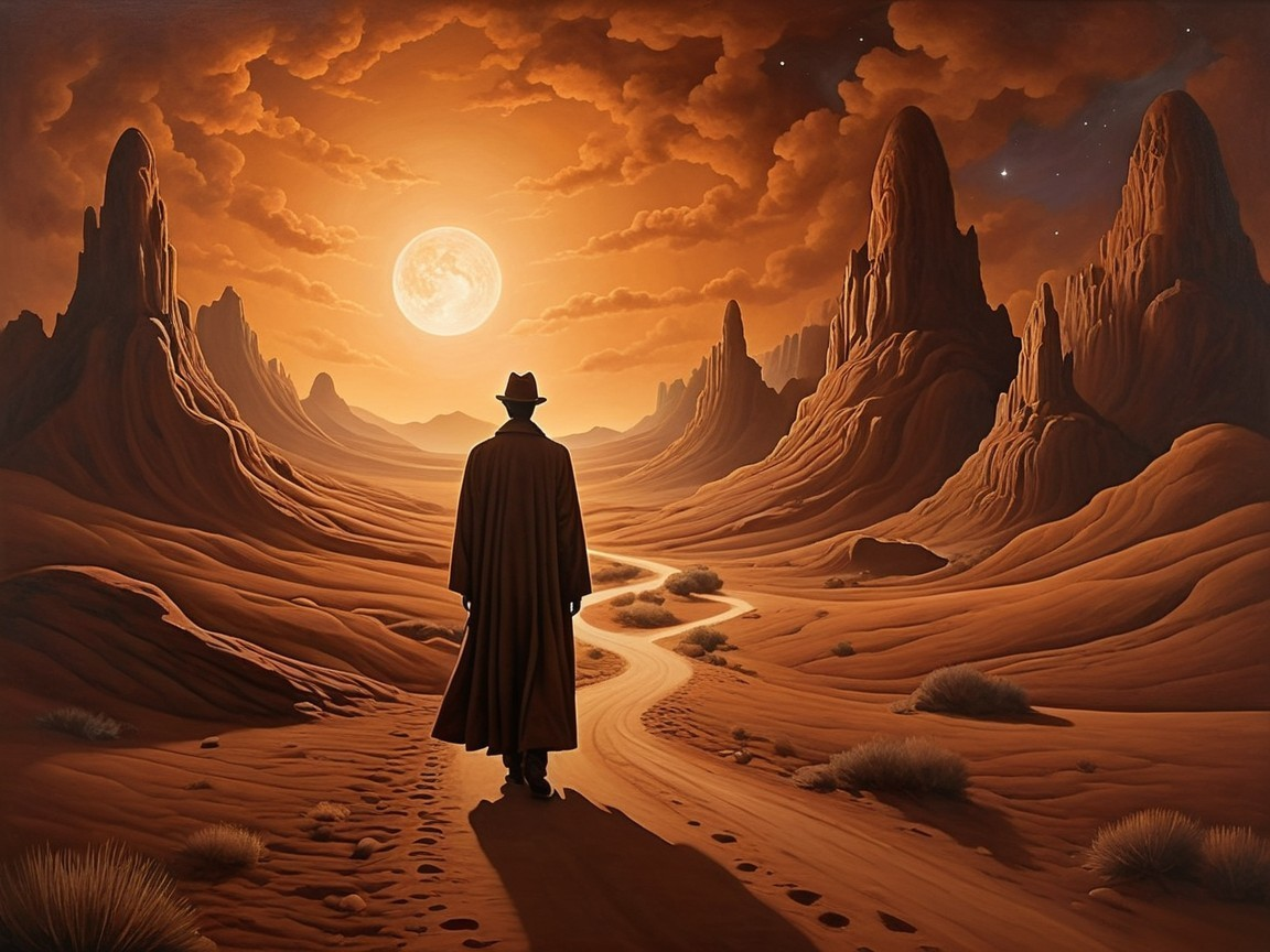 Lone Figure Walking in Desert Under Full Moon
