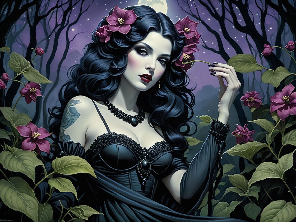 Mysterious Woman in Dark Gown in Moonlit Forest