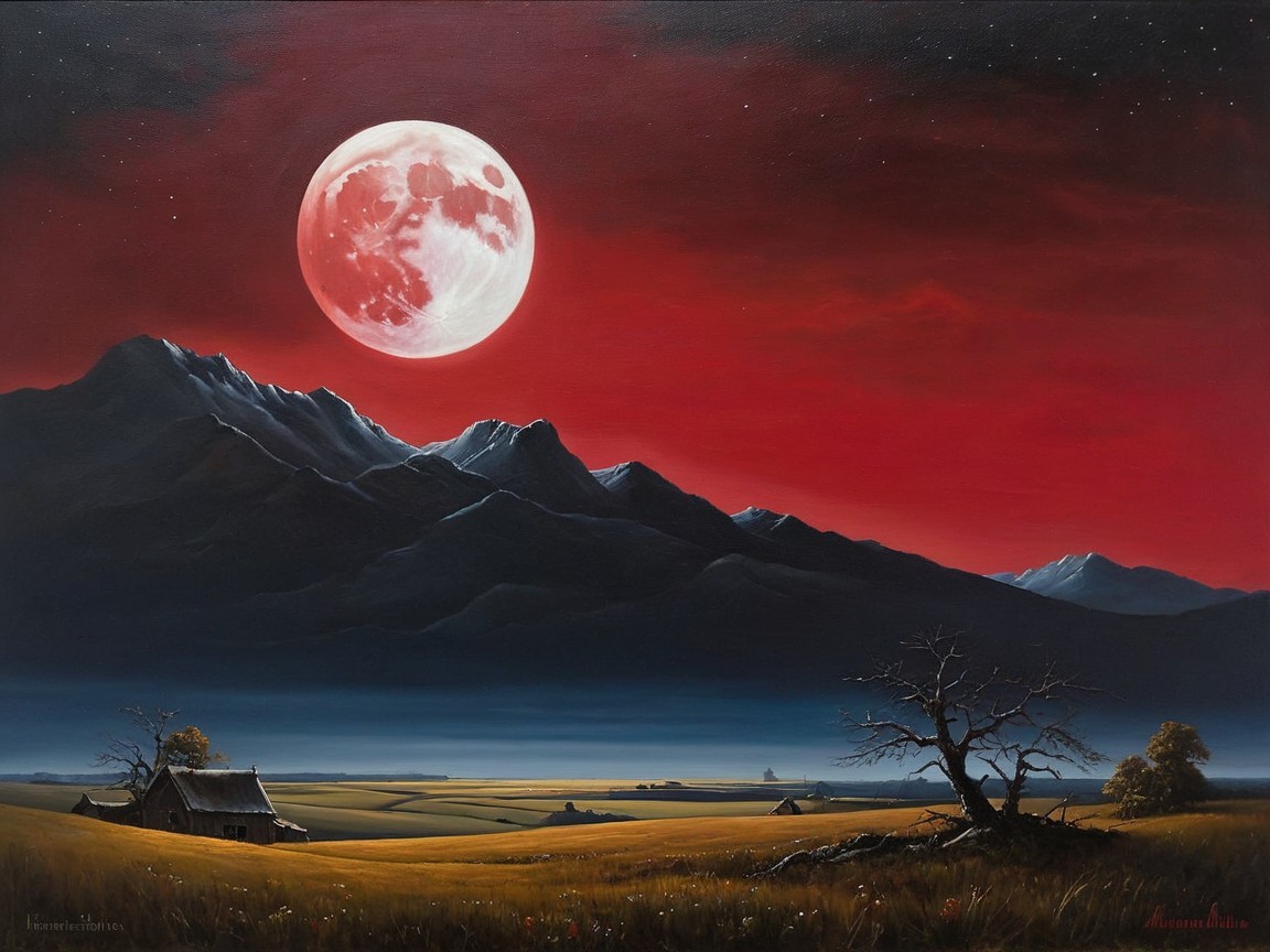 Landscape with Full Moon Over Fields and Mountains