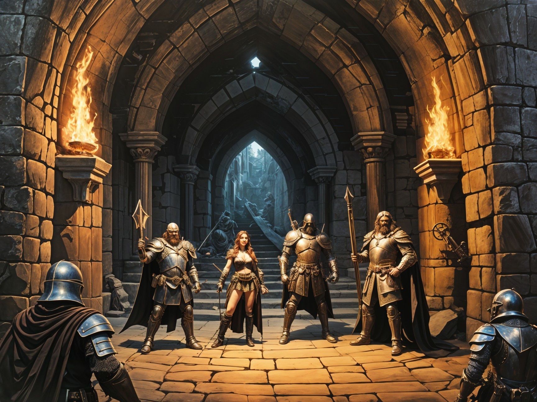 Armored Warriors in Dimly Lit Stone Corridor