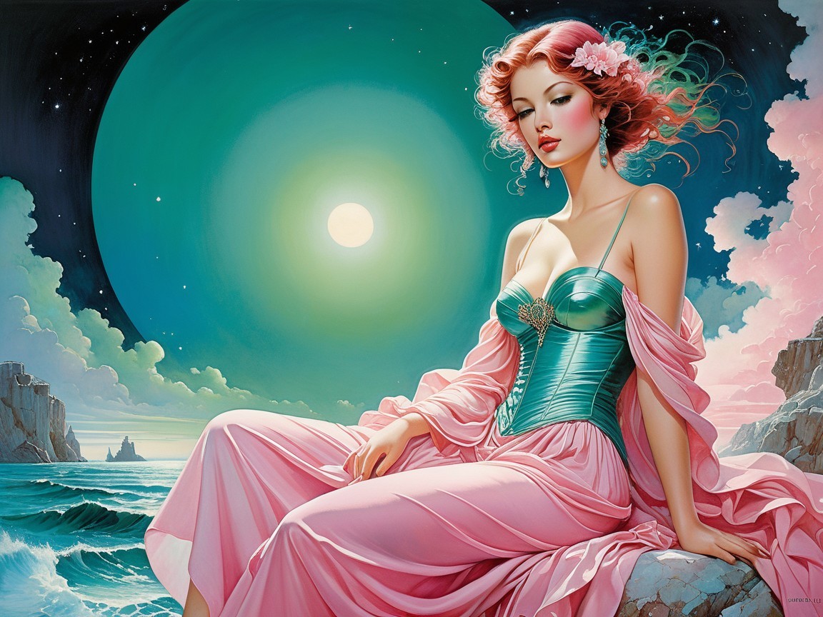 Fantasy Scene of Woman by Ocean with Moonlit Sky