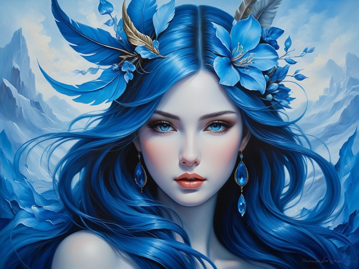 Portrait of a woman with blue hair in icy landscape