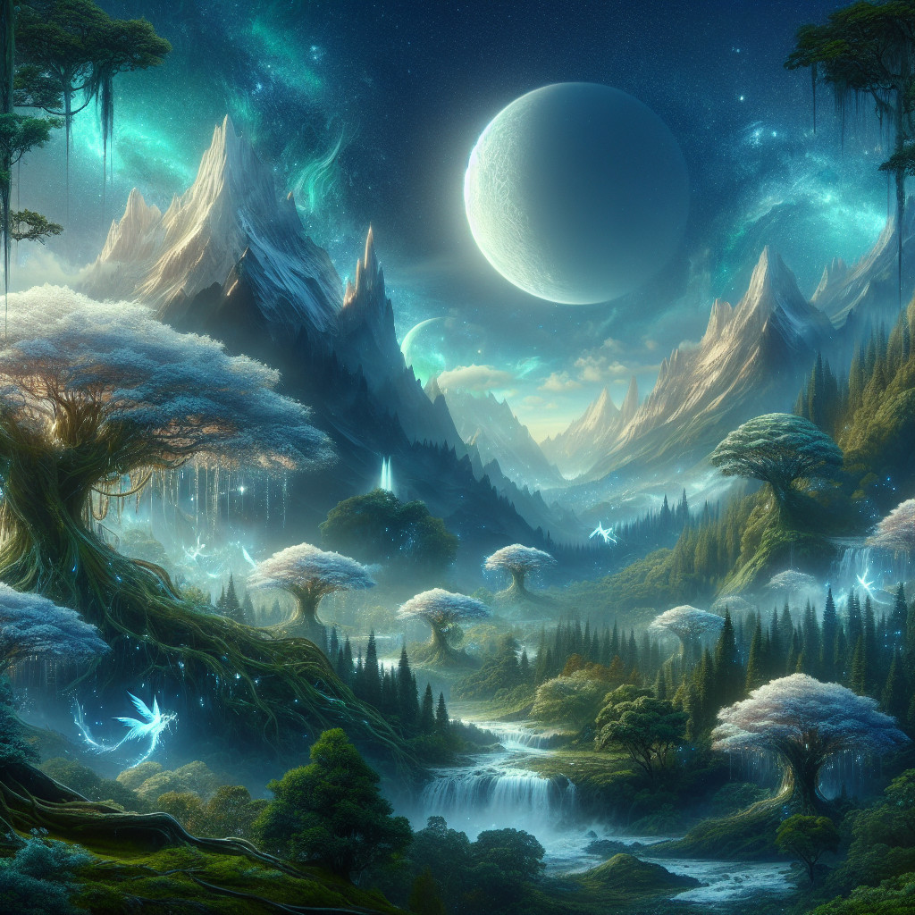 Fantasy Landscape with Mountains and Night Sky