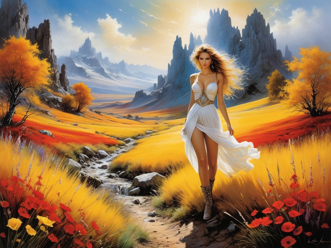 Serene Valley with Flowers and Majestic Mountains