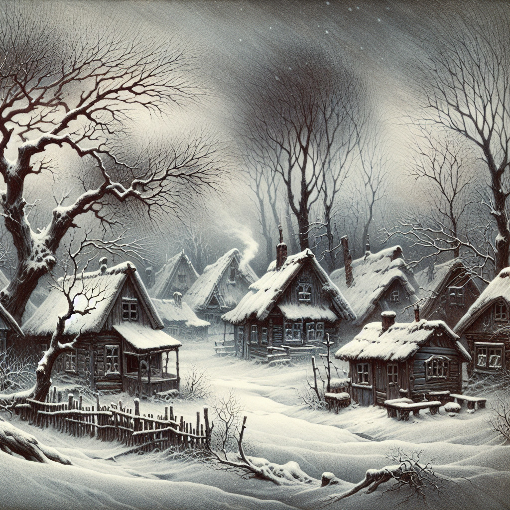 Winter Village in Snowy Forest Under Overcast Sky