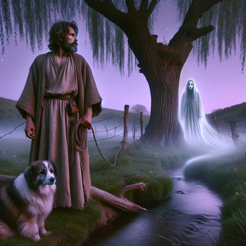 Mystical Dusk Scene with Man, Dog, and Ghostly Figure