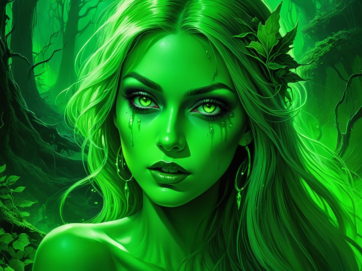 Enchanted Forest Figure with Green Hues and Vines
