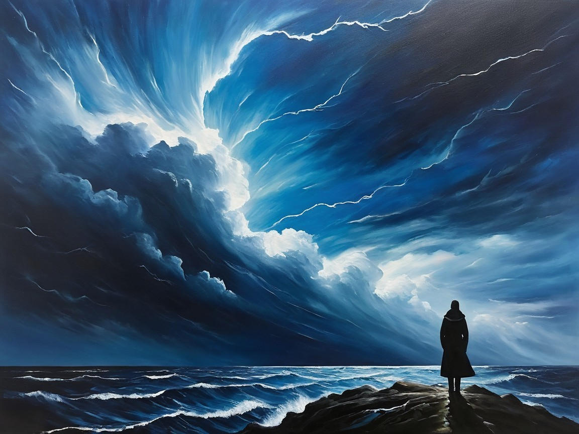 Solitary Figure on Rocky Shore with Turbulent Ocean