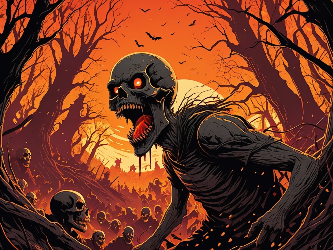 Eerie Landscape with Skeletal Figure and Sunset