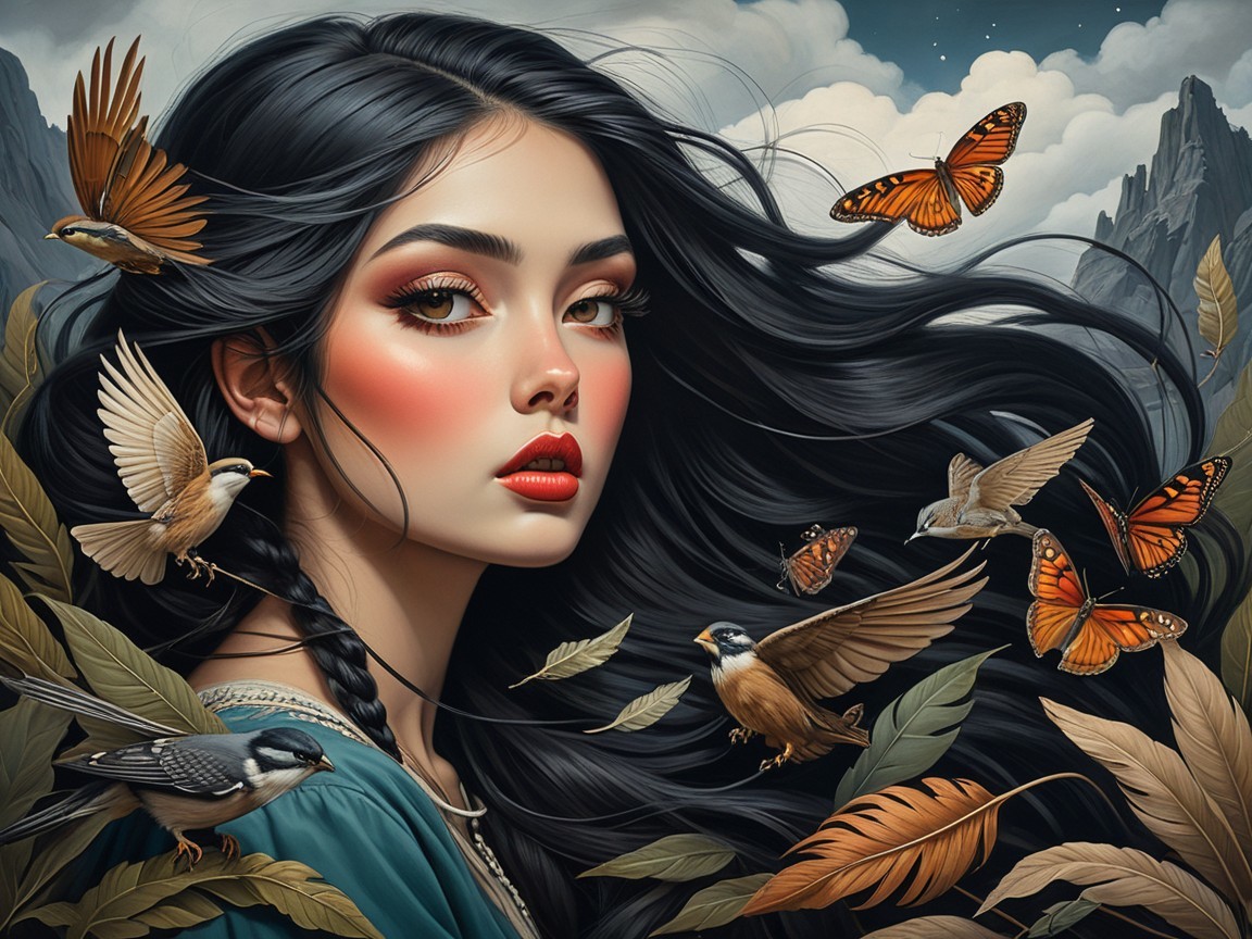 Portrait of a Young Woman with Butterflies and Birds