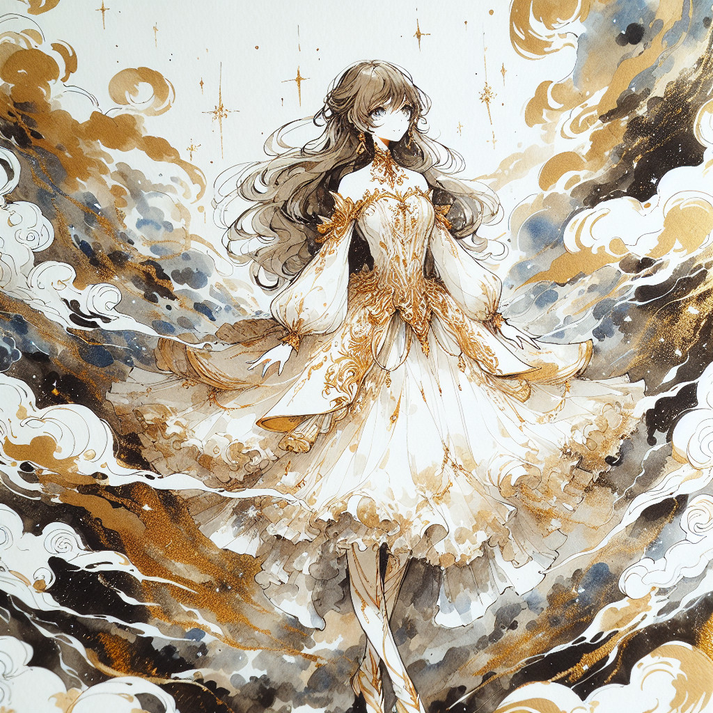 Fantastical character in ornate gold-accented dress