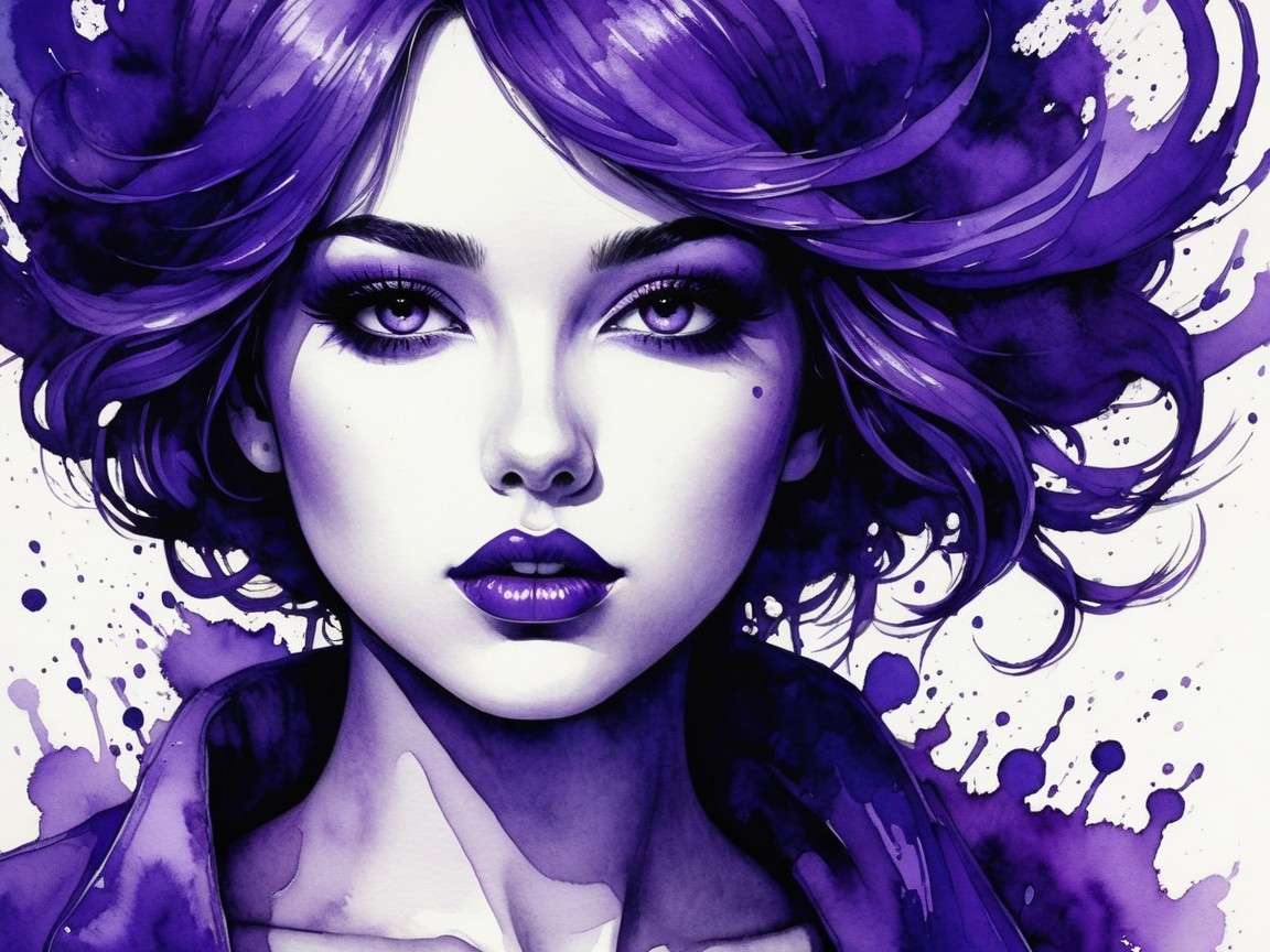Modern Portrait of a Woman with Purple Hair and Makeup