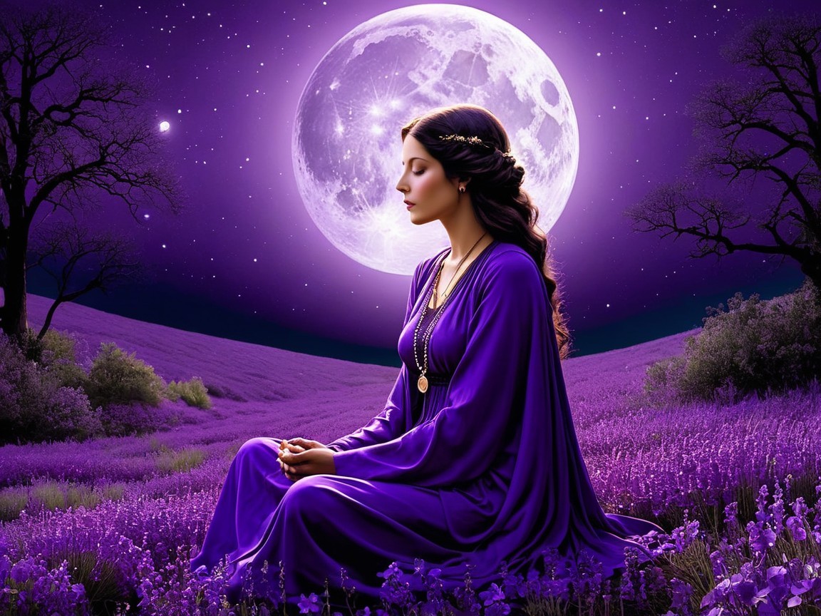 Serene Woman in Lavender Field Under Night Sky